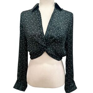 Dark Green and White Polka Dot Twist Front Cropped Blouse Size M
